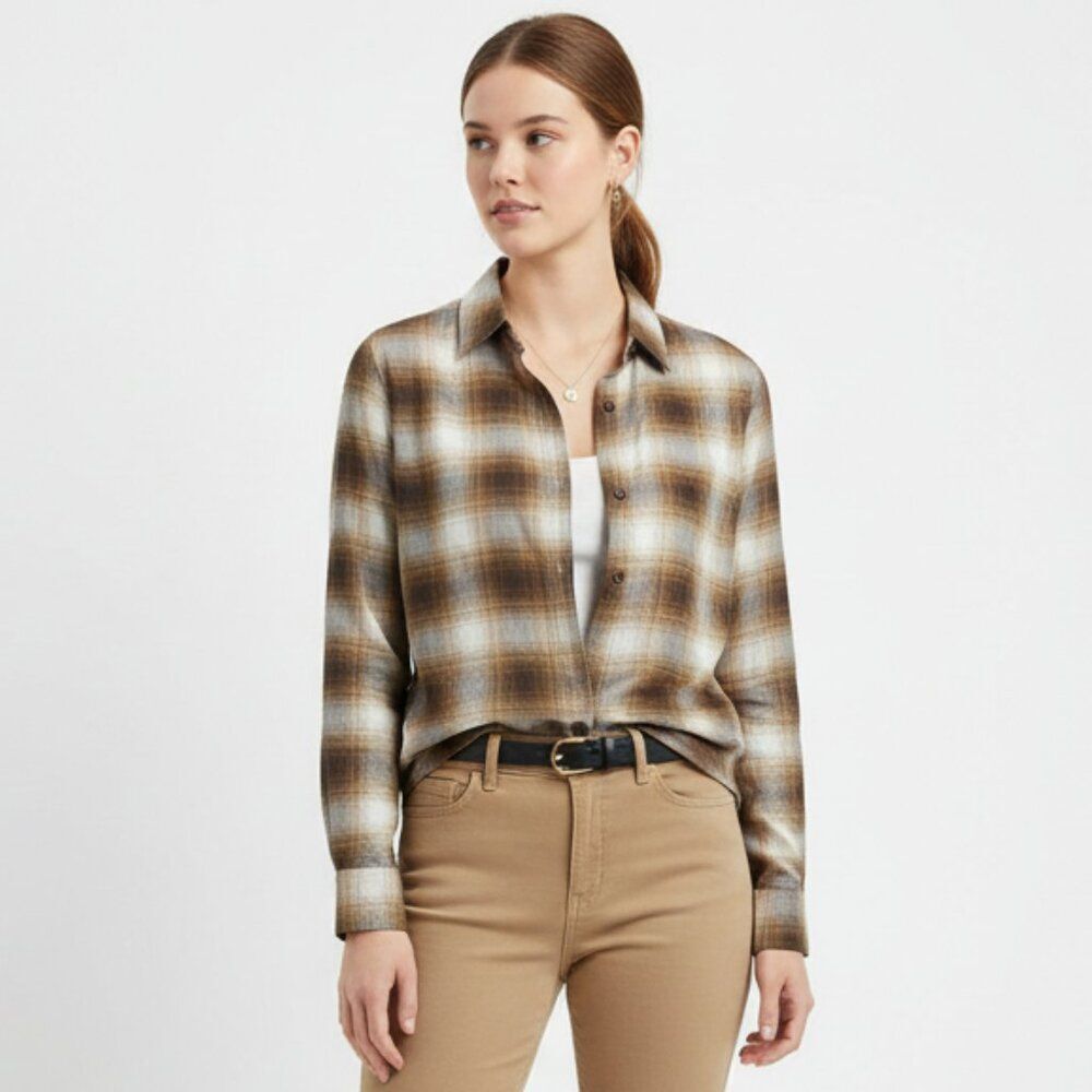 Banana Republic Tan & Brown Plaid Button Long Sleeve Boyfriend Top NEW XS